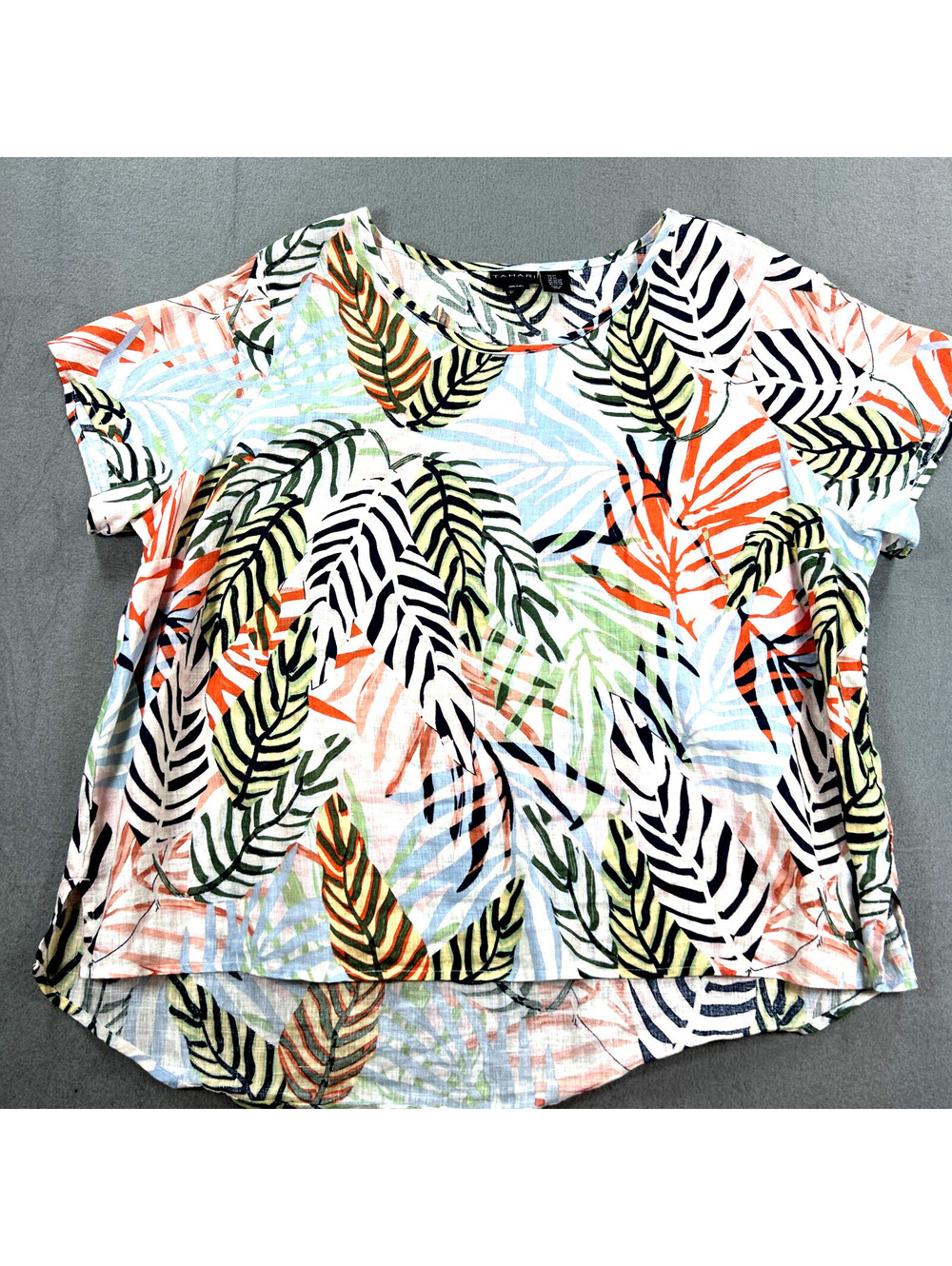 TAHARI Linen Tropical Leaf Print Top XXL Short Sleeve Boho Casual Travel Coastal